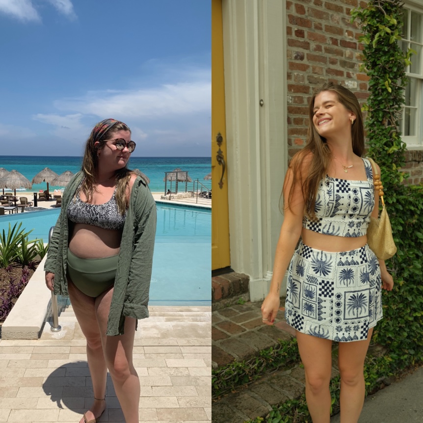Side-by-side photos of Brooke showing her health transformation